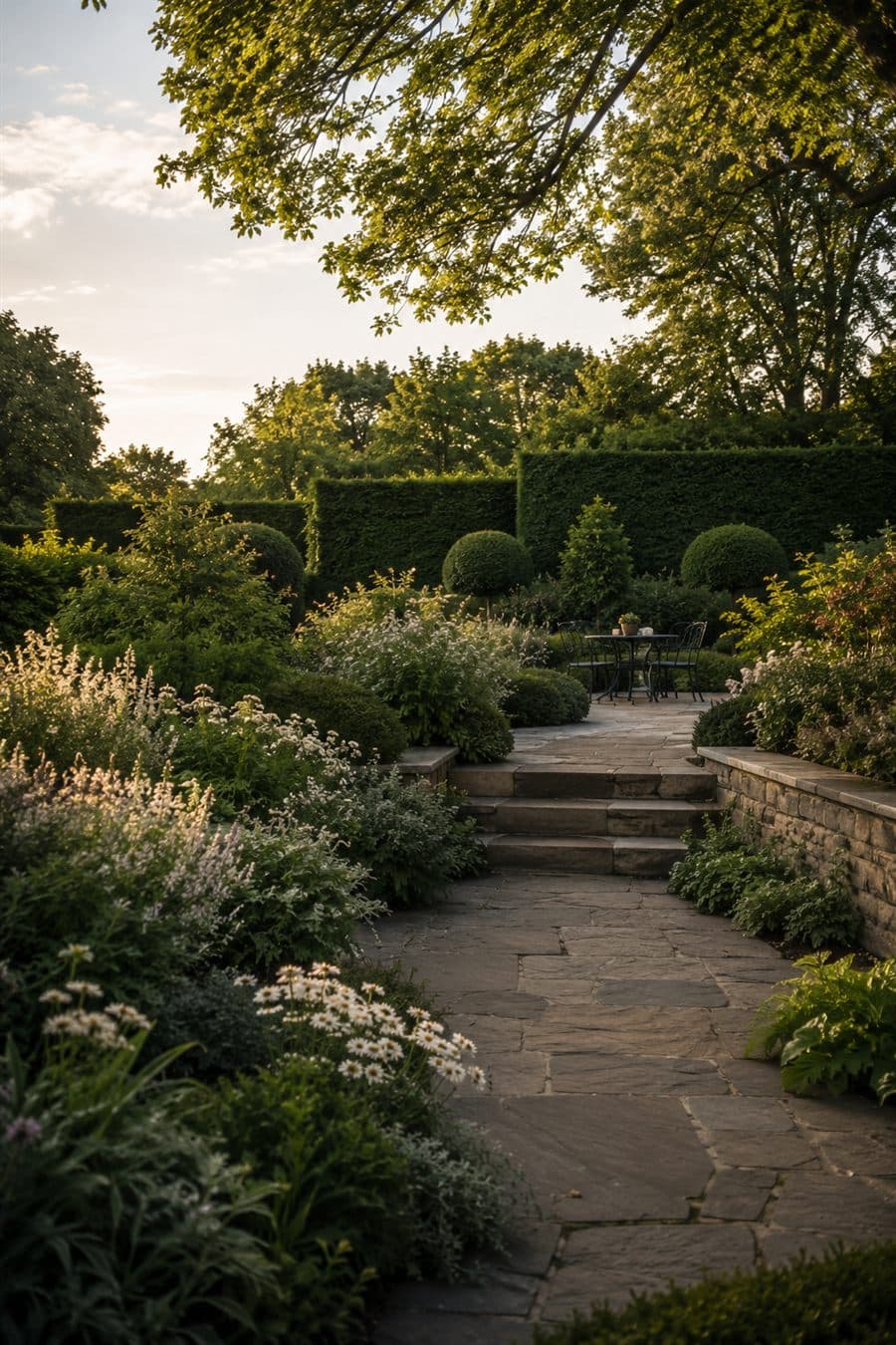 A Heath and Hollow garden at golden hour: a flagstone path leads up shallow steps through layered planting to a clipped hedge, a table set beyond.