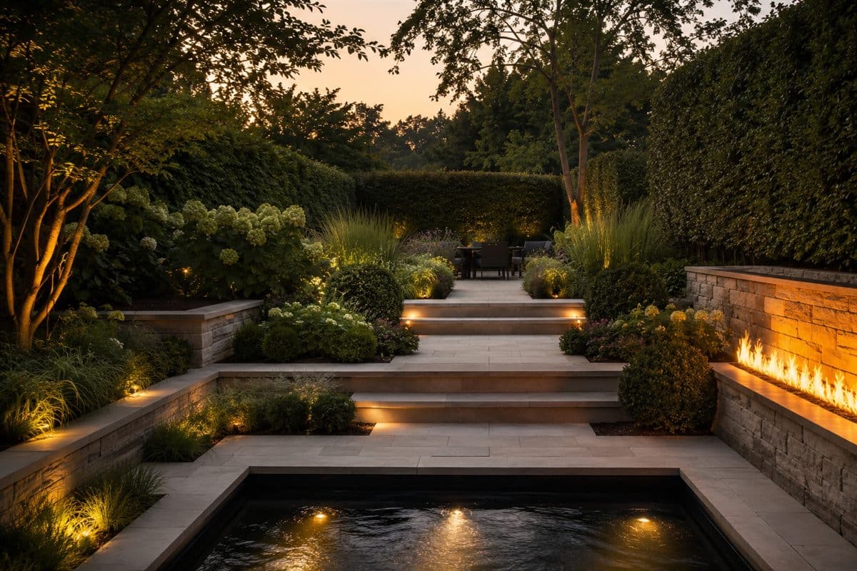 Limestone terraces stepping down to a lit black plunge pool at dusk, a fire wall glowing to the right and clipped hedges closing the room.