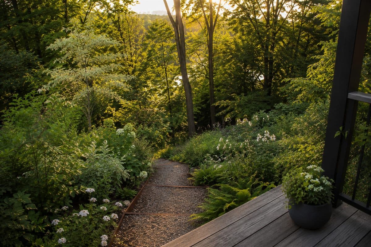 A woodland-edge ravine garden seen from a deck: a steel-edged gravel path descending into ferns and naturalistic planting, with trees backlit by low sun.