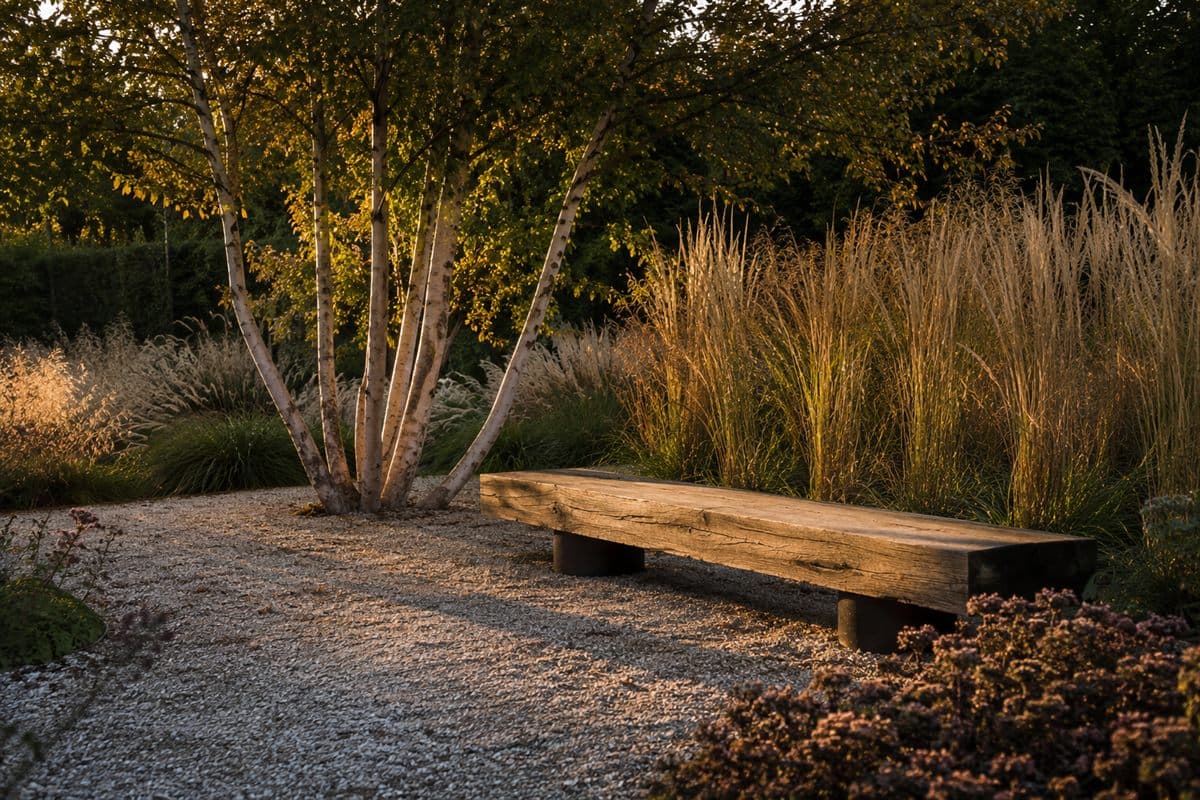 A gravel court in low evening sun: a multi-stem river birch, tall feather reed grasses catching the light, and a long bench of reclaimed elm.