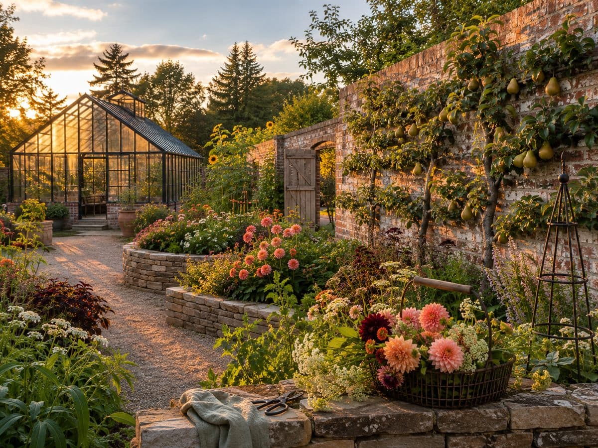 A walled kitchen garden at golden hour: a glasshouse, raised stone beds of dahlias and cut flowers, espaliered pears on a reclaimed-brick wall, and a basket of cut flowers in the foreground.